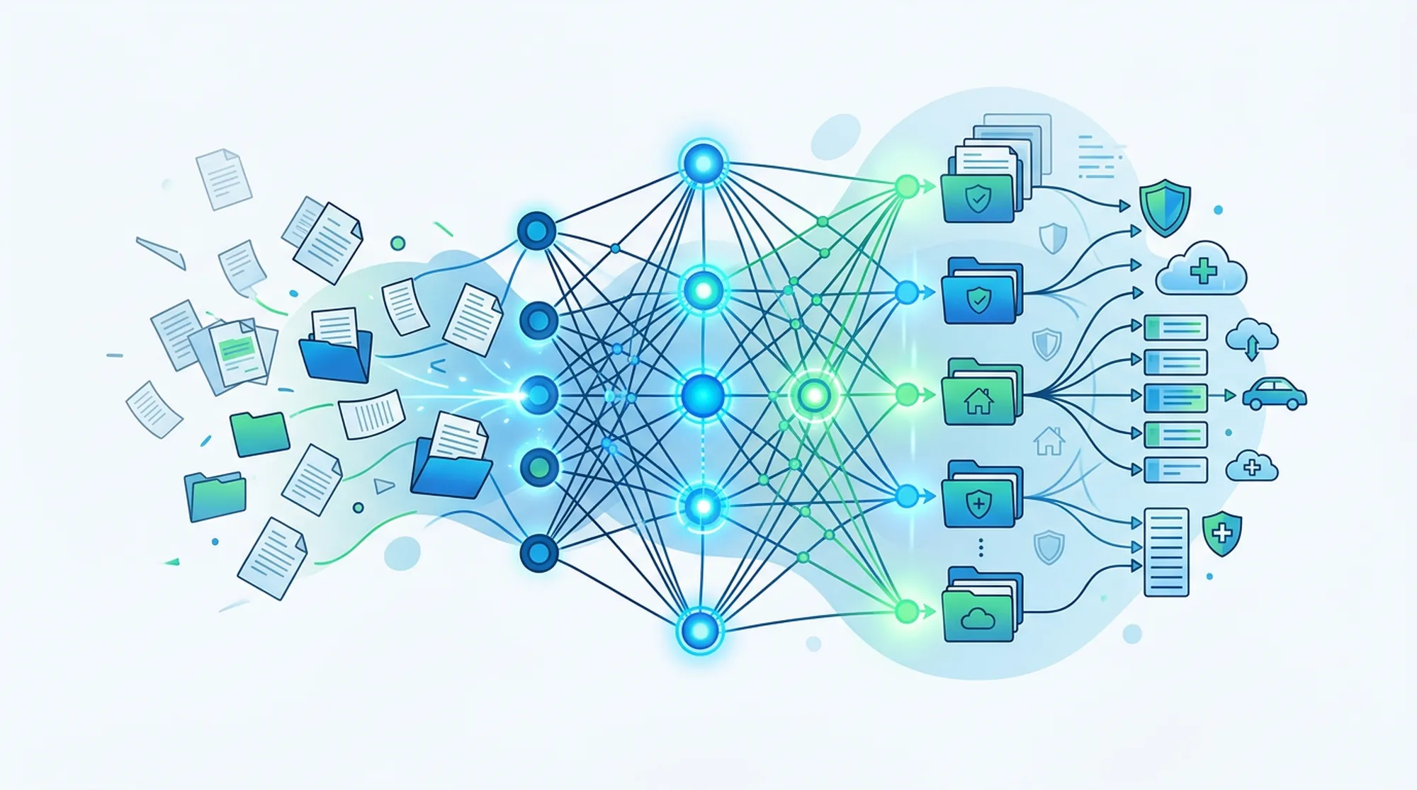 Abstrakcyjna ilustracja AI i notatek — wpis o strukturze haseł ubezpieczeniowych