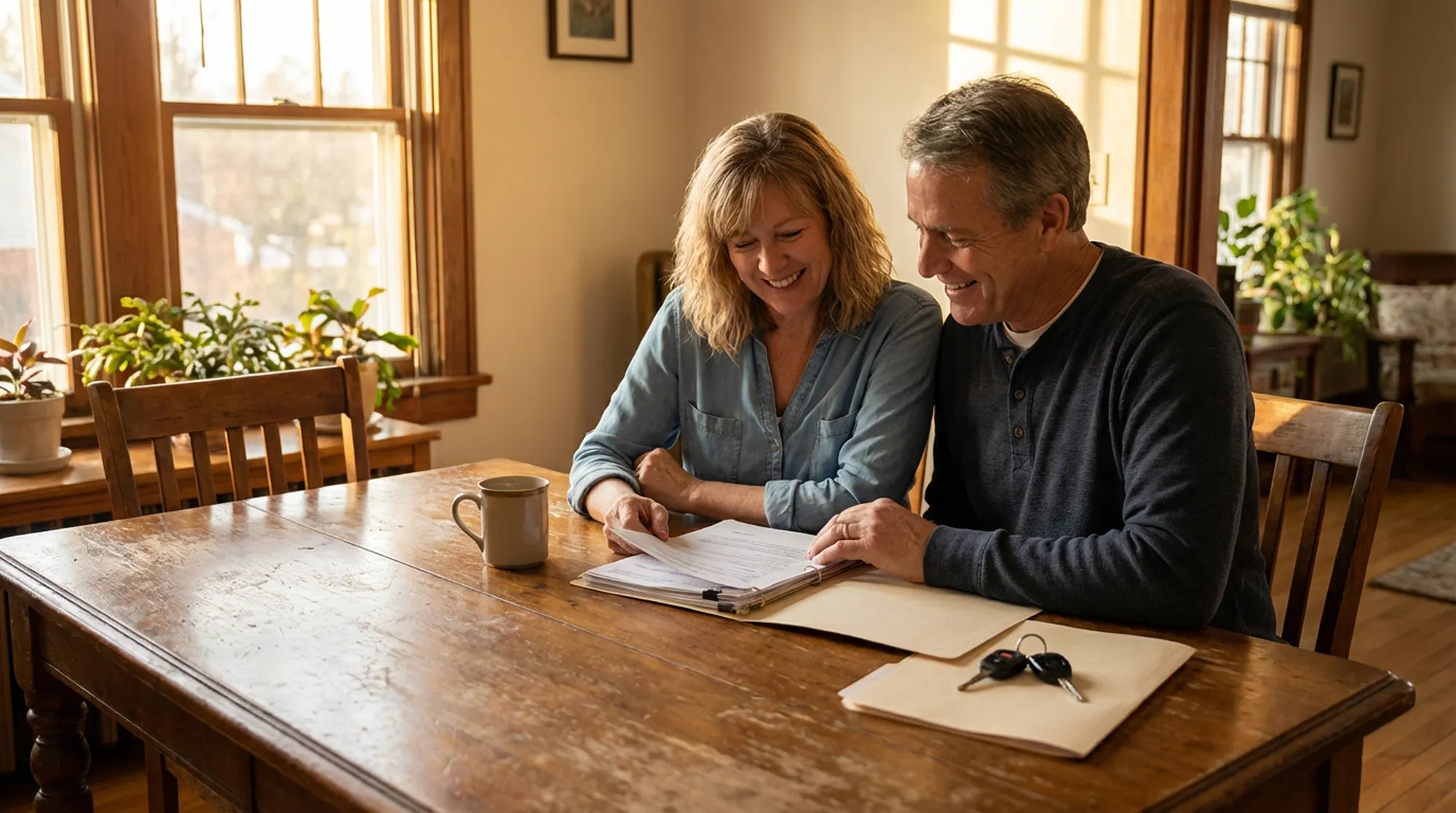 Para przegląda notatki dotyczące polisy przy stole