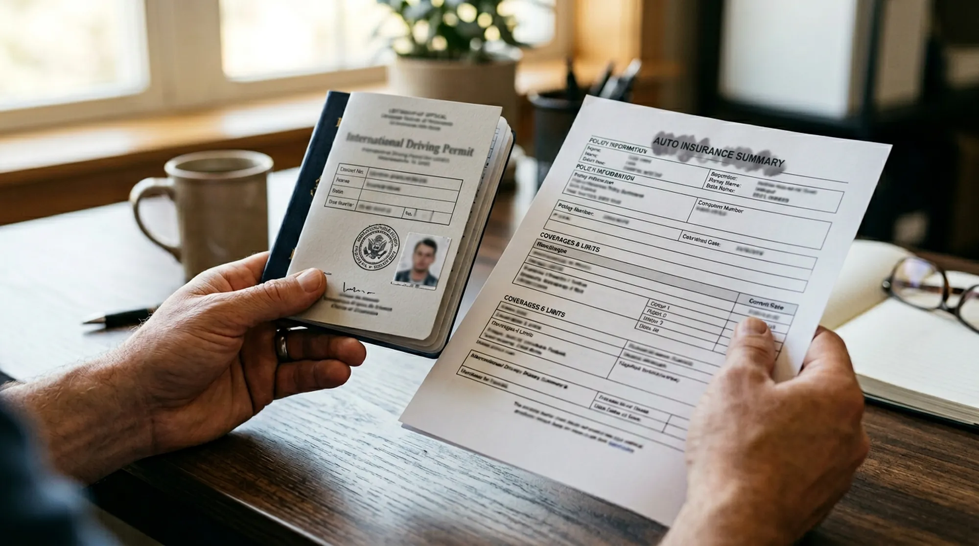 Dokumenty polisy i międzynarodowe uprawnienia na biurku