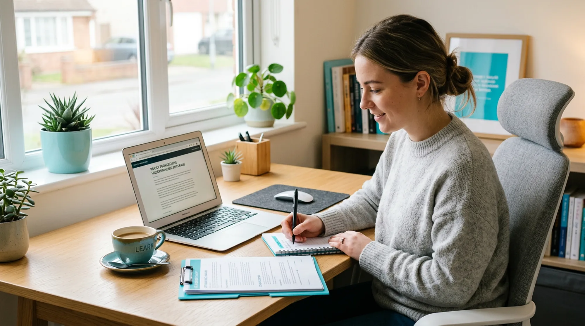 Nauka na laptopie z materiałami o ubezpieczeniach komunikacyjnych